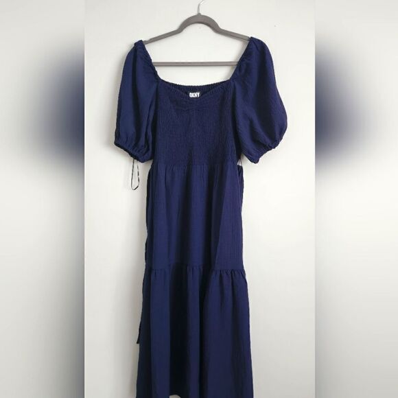 NEW WOMEN'S DKNY BLUE COLOR DRESS Shoulder Ruffle Knee Length SIZE 10 - Picture 1 of 4